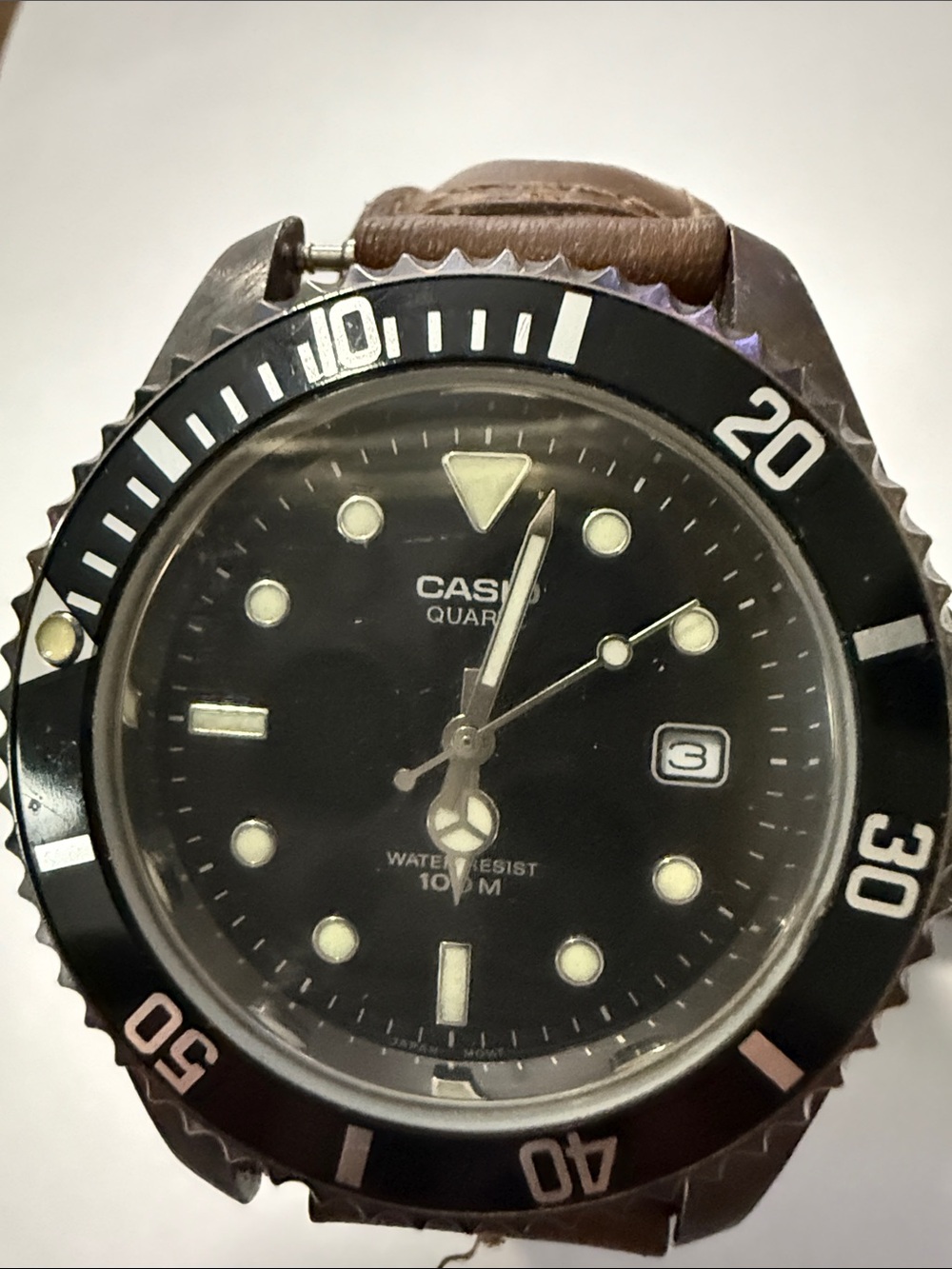 Casio Black Dial Watch with Brown Leather Strap